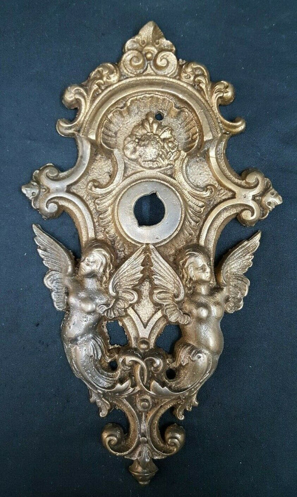 Large Art Nouveau Bronze Double Angel Door Knob Backplate 9 3/4" x 5 1/2 GS00735