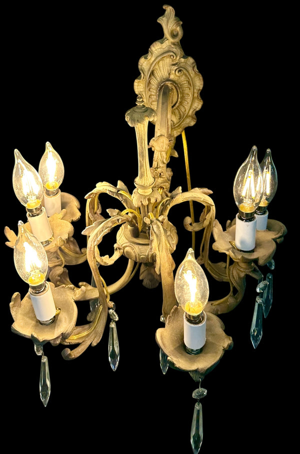 Restored Antique Solid Brass 5-Light Wall Sconce w/ Crystal Pendants GA20707