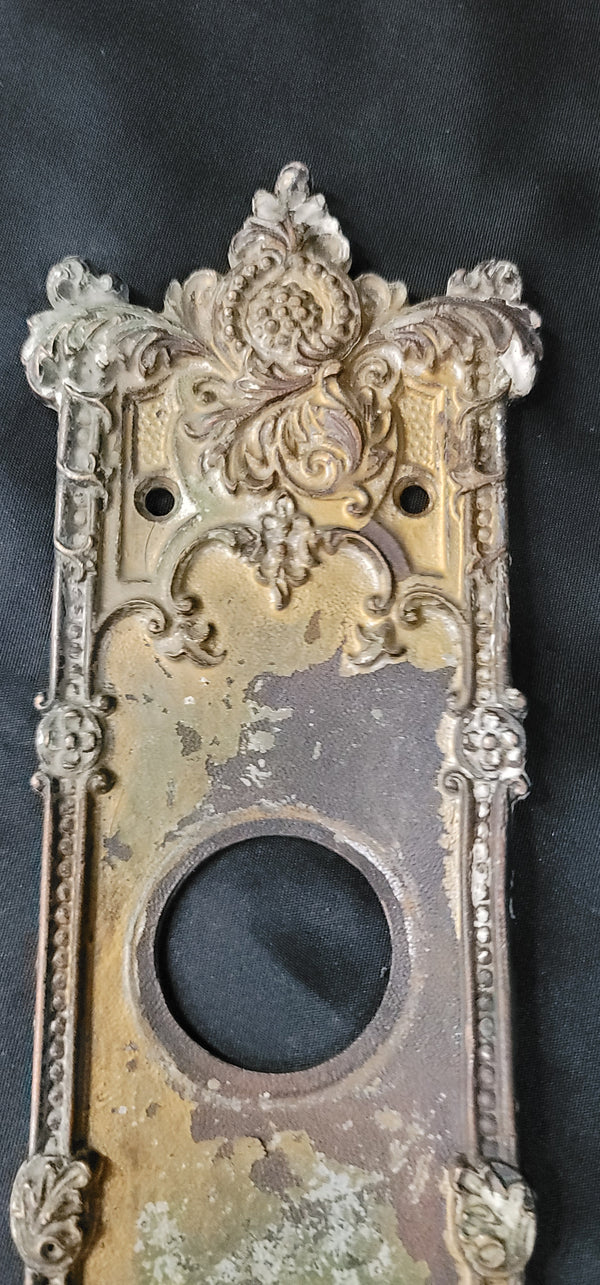Ornate Brass Art Nouveau Backplate w/ Deadbolt Hole 11" x 3" GS00875