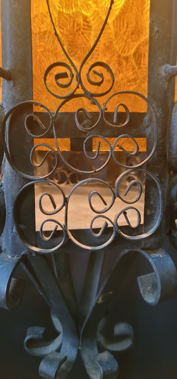 Victorian Gothic Wrought Iron Pendant Light w/ Textured Amber Glass 31"T GS00925