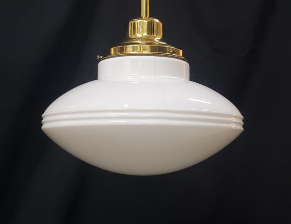 Restored Flush Mount Pendant Fixture w/ White Ribbed Shade 14" x 35" GS01010