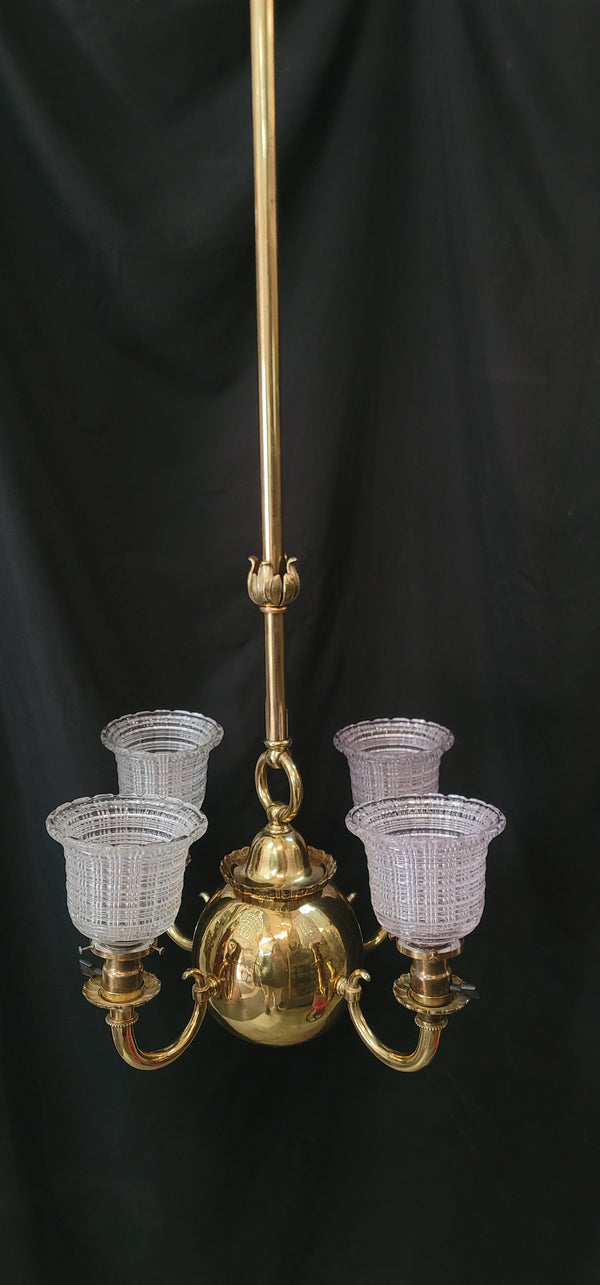 Restored 4 Light Brass Chandelier w/ Hyalophane Shades 20" x 52" GS01001
