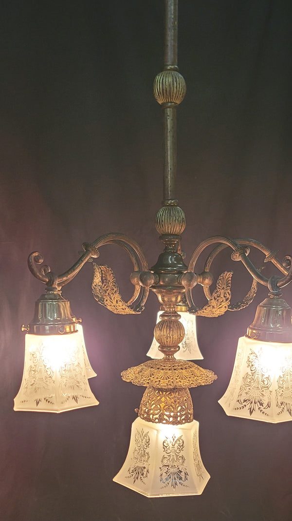 Ornate 6 Light Victorian Chandelier w/ Fluted Etched Shades 24" x 36" GS00997