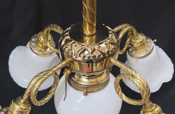 5 Light Ornate Brass Chandelier w/ White Striped Shades 25" x 36" GS00983