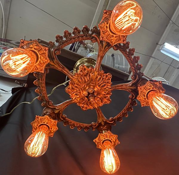 Restored Art Nouveau Brass 5-Light Chandelier GA20363