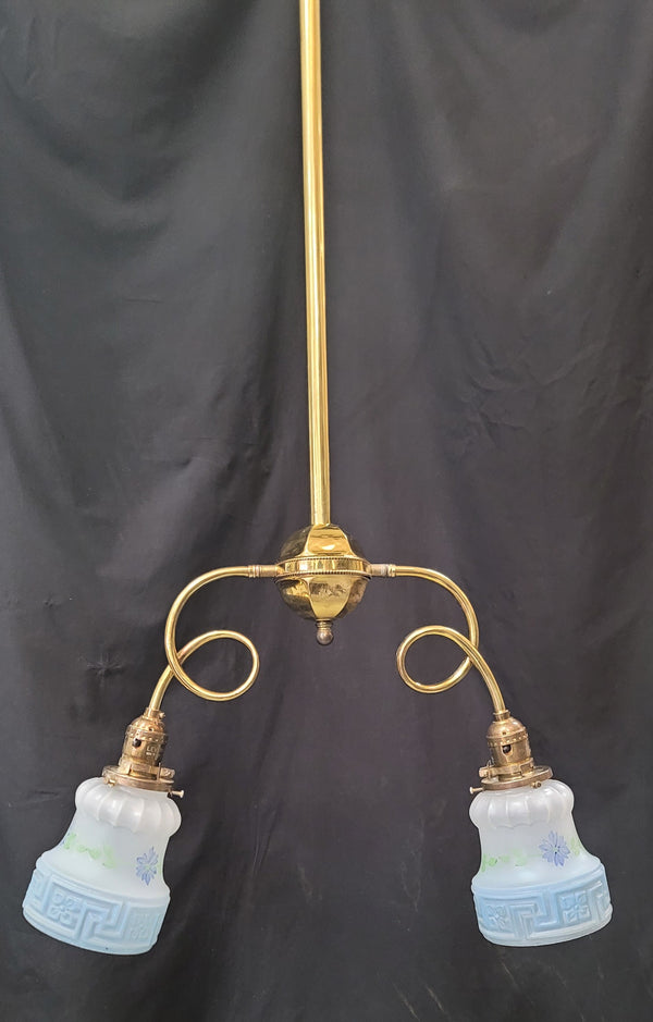 Restored Victorian 2 Light Brass Chandelier w/ Shades 19 1/2" x 45" GS00994