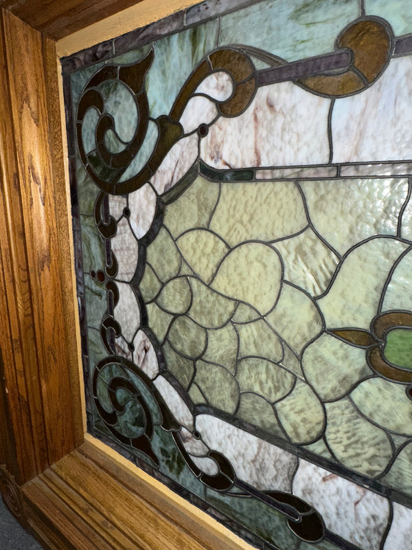Antique Oak Framed 7+ Ft Long Stained Glass Window GA20812