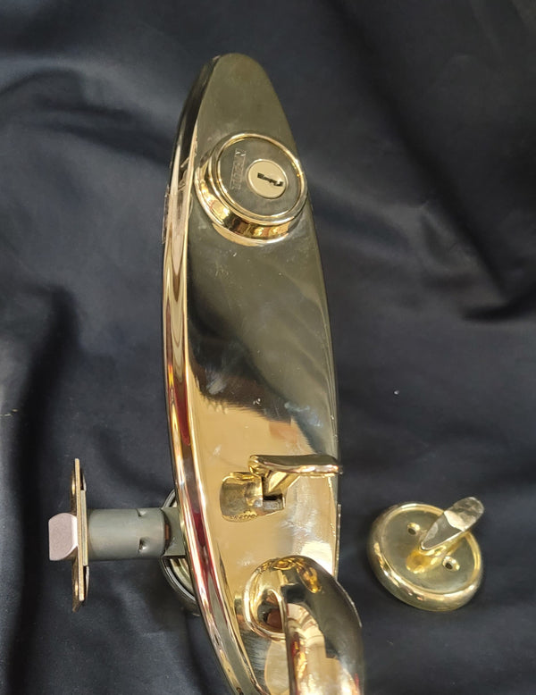 Brass Curved Handle Thumb Latch Hardware Set w/Deadbolt Knob & More GS00885