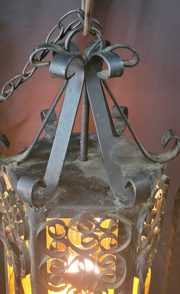 Victorian Gothic Wrought Iron Pendant Light w/ Textured Amber Glass 31"T GS00925