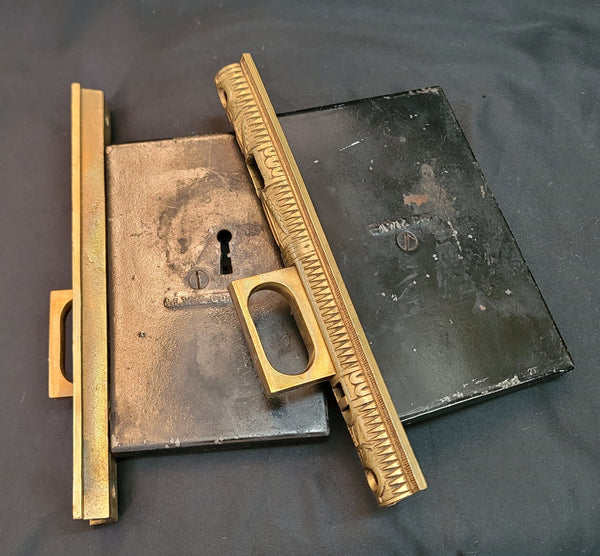 Restored Victorian Eastlake Pocket Door Lock Set 5 3/8" x 3 7/8" GS01046