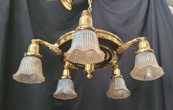 Restored 5 Light Brass Pan Chandelier 20" x 10" w/ Chain & Ceiling Cap GS00973
