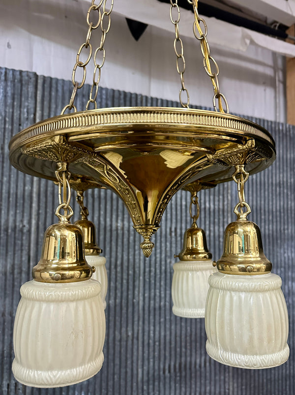 Restored Antique Brass Pan 4-Arm Triple Chain Chandelier GA21008