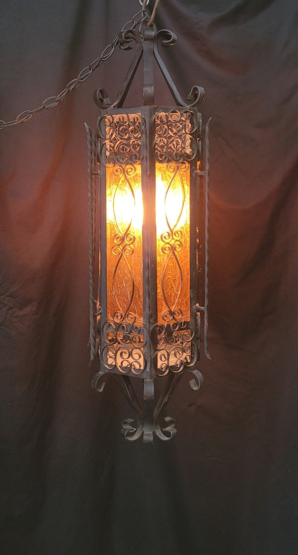 Victorian Gothic Wrought Iron Pendant Light w/ Textured Amber Glass 31"T GS00925