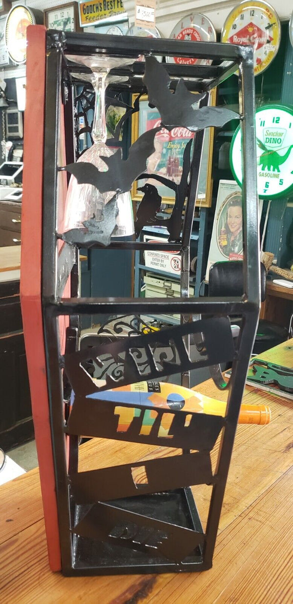 Custom Hand Crafted Coffin Shaped Iron & Wood Wine Rack GS00871