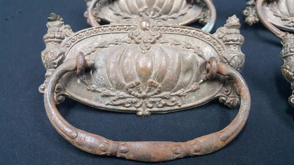 Architectural Salvage Ornate Wide Brass Embossed Design Drawer Pulls Set of 4