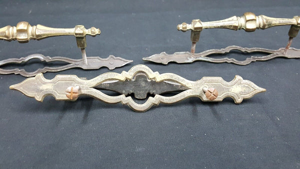 Architectural Salvage Wide Brass Drawer Pull Handles Ornate Back Plates Set of 3