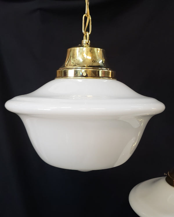 Pair of Restored Brass Pendant Lights w/ White Shades GS01080