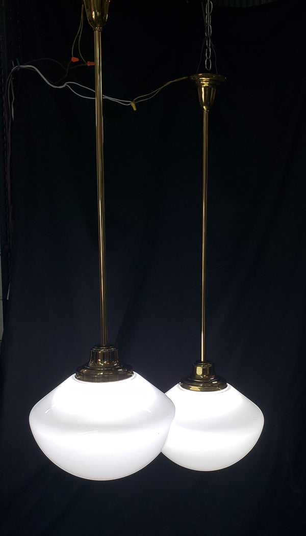 Restored Pair of Brass Pendant Lights w/ White Globes 49" T x 16" W GS01002
