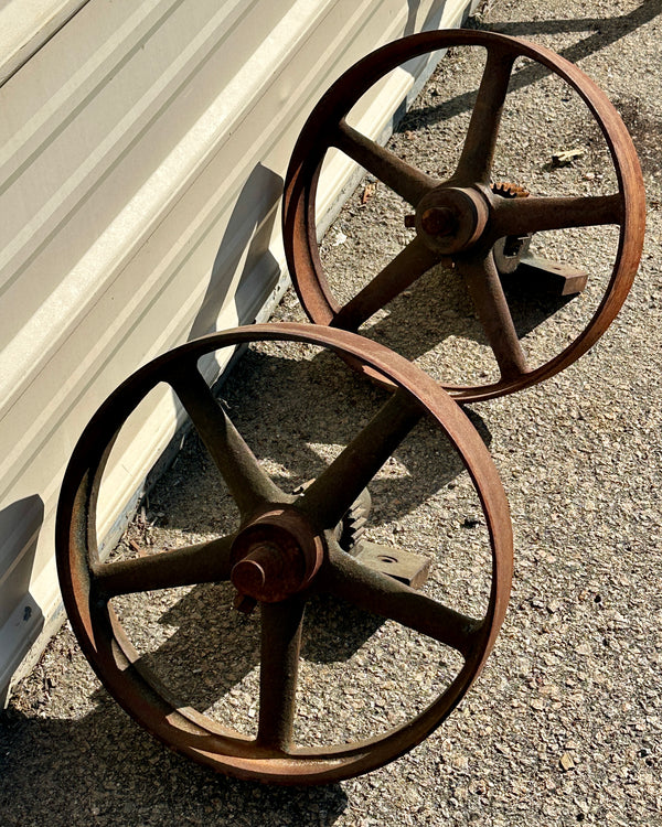 Antique Industrial Cast Iron Pulley Wheel Pair GA20912