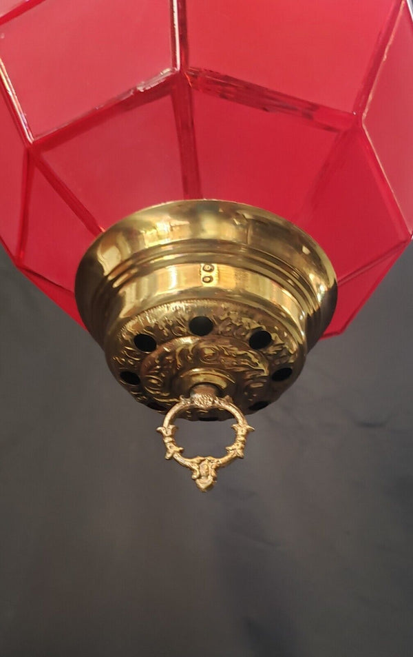 Red Frosted Octagon Hanging Oil Lamp Electrified with Brass Fitters GS00125