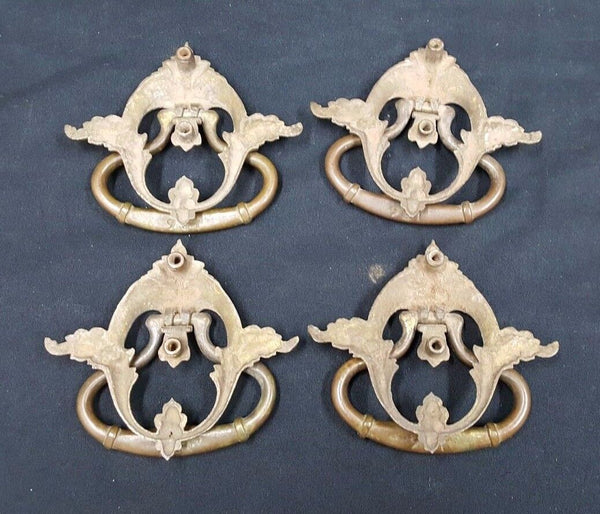 Architectural Salvage Ornate Scroll & Leaf Brass Drawer Pull Handles Set of 4