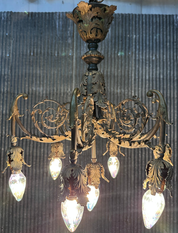 Antique Art Nouveau Brass 6-Light Chandelier - 23" T x 21" W - GA21032