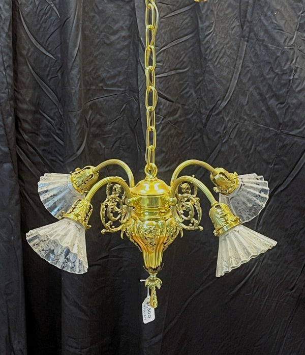 Ornate 4 Light Brass Chandelier with Pleated Etched Shades GA10208