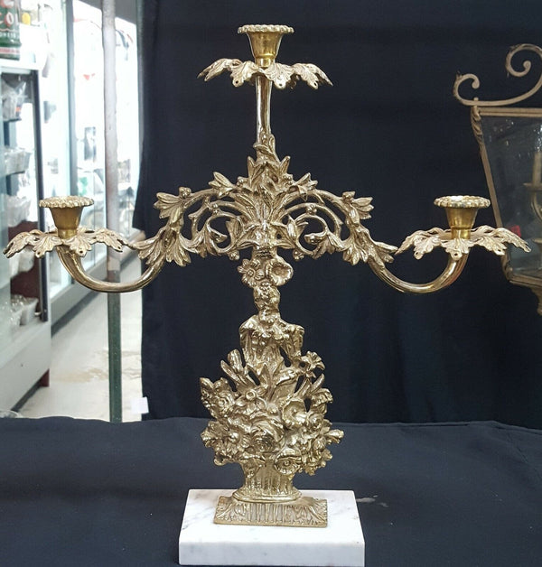 Antique Ornate Solid Brass Candelabra with Floral Bouquet Design on Marble Base