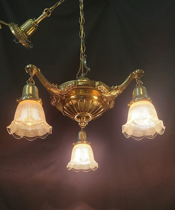 Restored 3 Light Victorian Brass Pan Chandelier w/ Shades 16" x 41" GS00986
