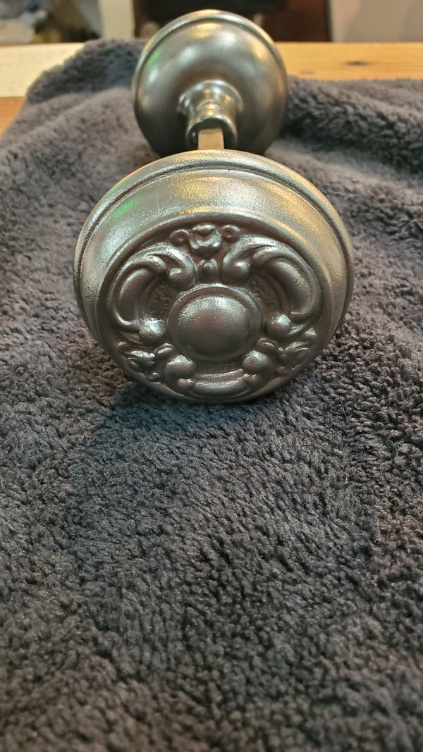 Restored Ornate French Art Nouveau 3 Fold Steel Doorknob Set GAM05