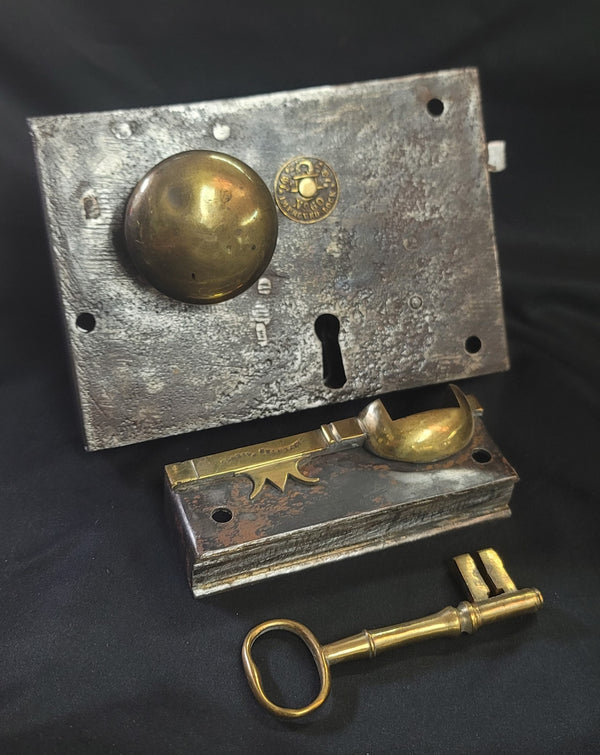 Restored Right Side Carpenter #60 Rim Lock Set w/ Keeper & Key 6" x 4 1/4" GS00987