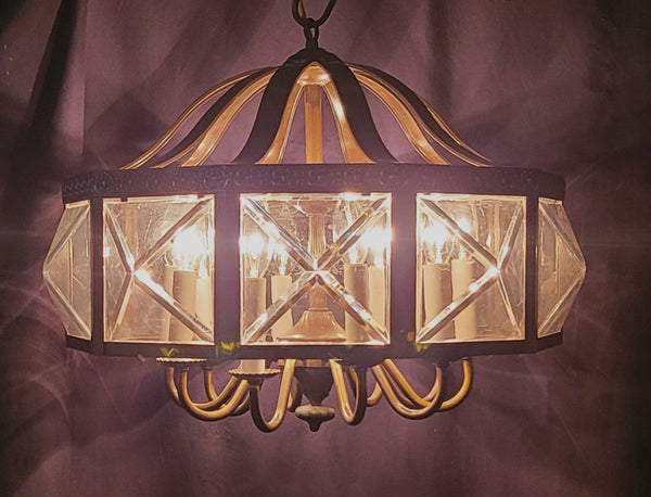 MCM Ten Light Chandelier w/ Faceted Beveled Glass Panels 20" x 17" GS00954
