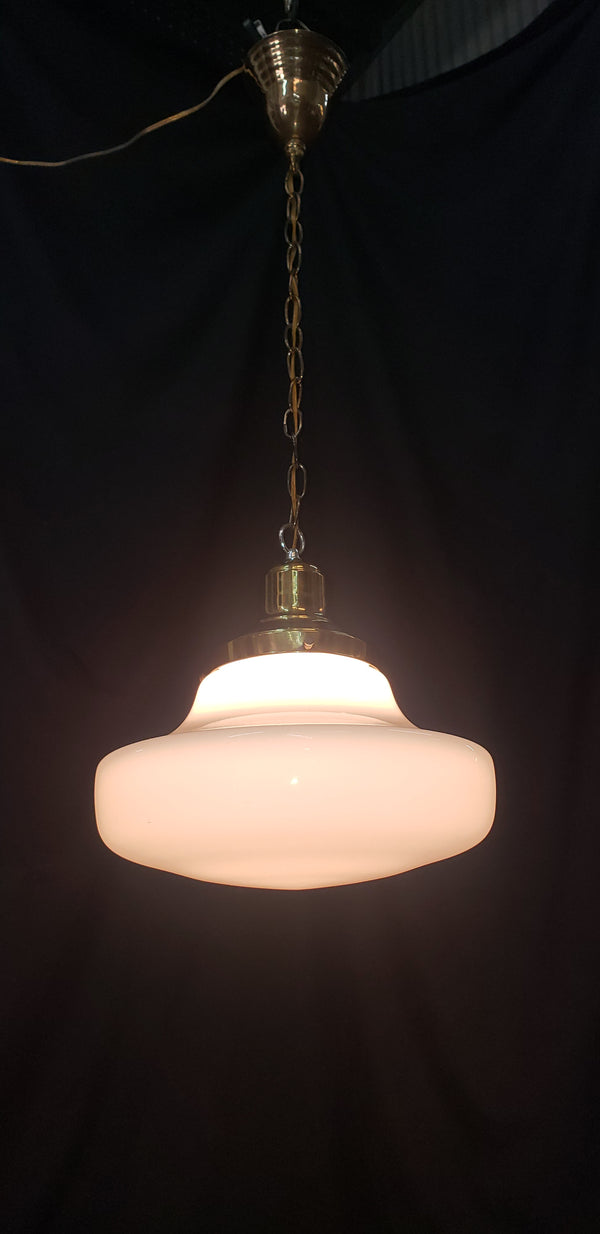 Restored Brass Pendant Light w/ Round White Shade GS01025