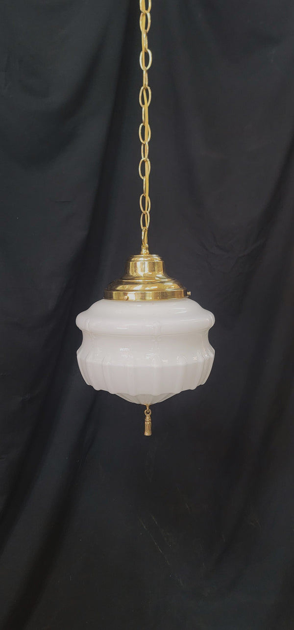 Restored Art Deco White Opaque Pendant Light Fixture with Brass Trim GA4347