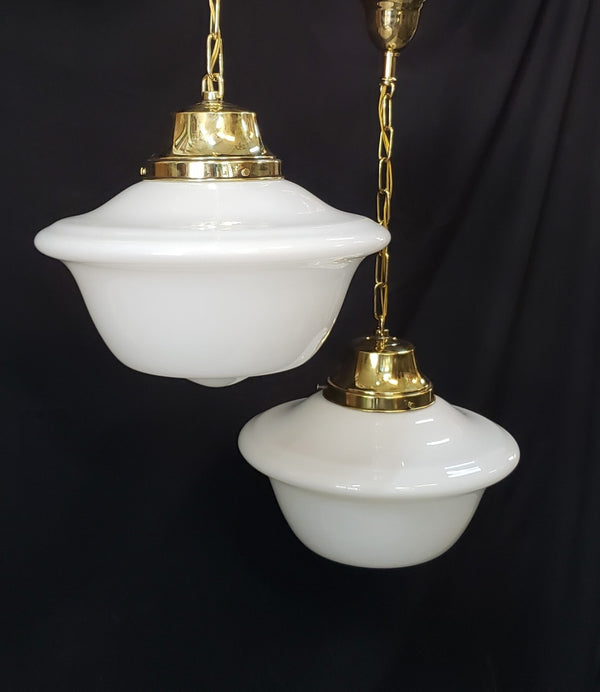 Pair of Restored Brass Pendant Lights w/ White Shades GS01080