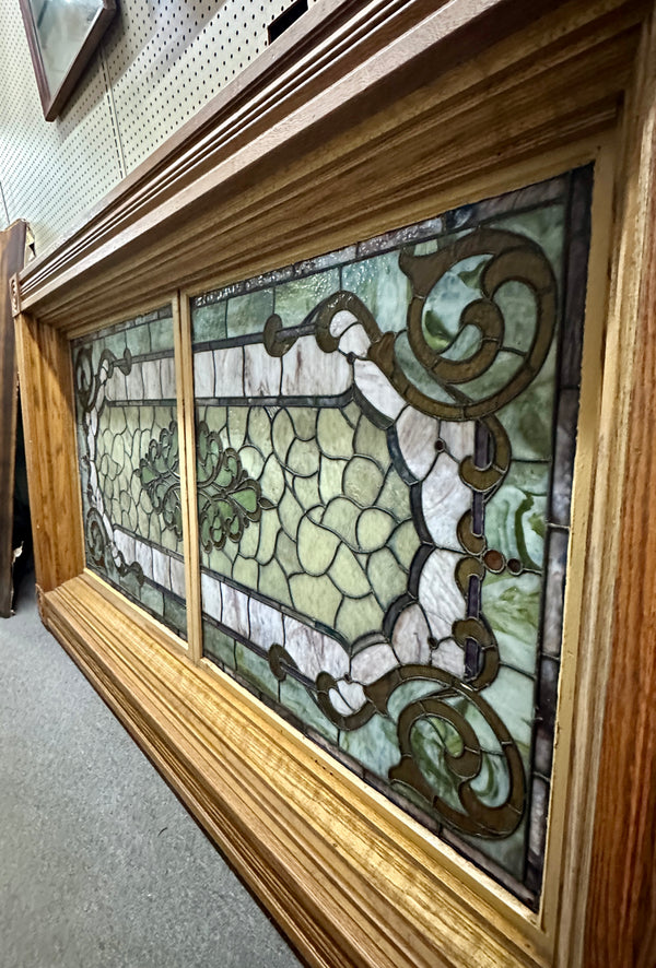 Antique Oak Framed 7+ Ft Long Stained Glass Window GA20812