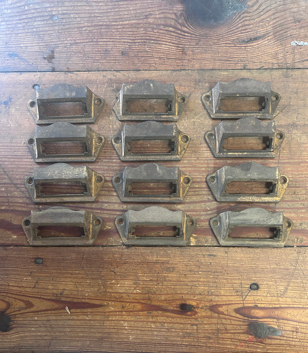 12 Cast Iron Red Brass Plated Drawer Pulls w/ Label Spot GS010969