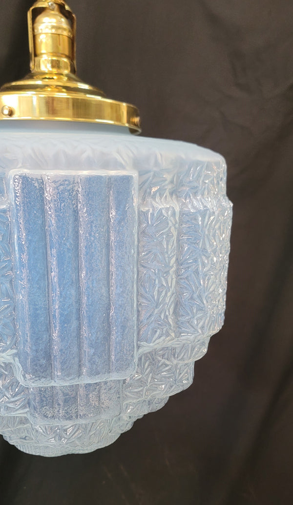 Restored Art Deco Pendant Light w/ Textured Tiered Opalescent Shade GS01023
