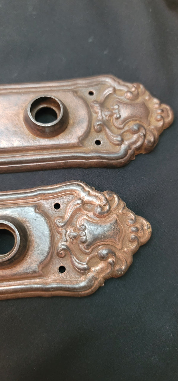 Pair of Restored Art Nouveau Door Knob Back Plates 8 1/4" x 2 3/8" GS00584