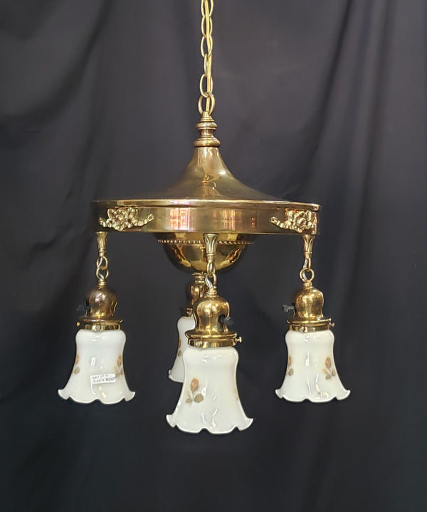 Restored Ornate Victorian 4 Light Brass Pan Chandelier GS01081