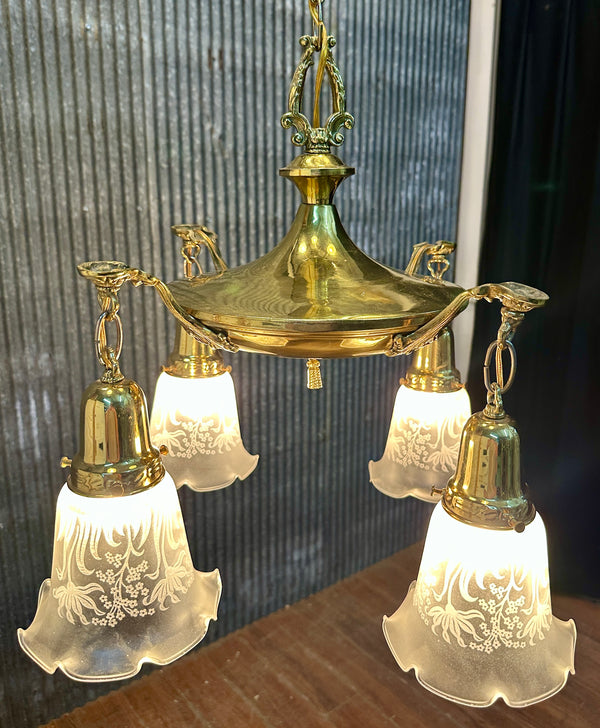 Restored Antique Brass Pan 4-Arm Chandelier GA21010