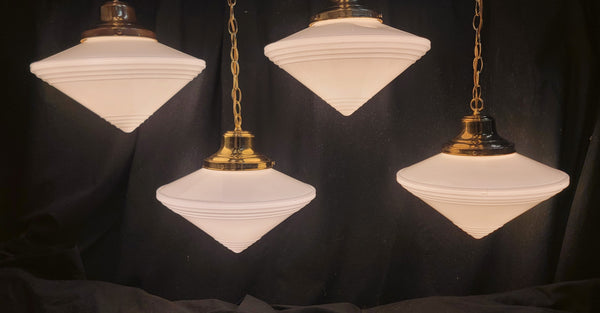 Set of 4 Restored Art Deco Brass Pendant Lights w/ Pointed Bullseye Shades GS01032