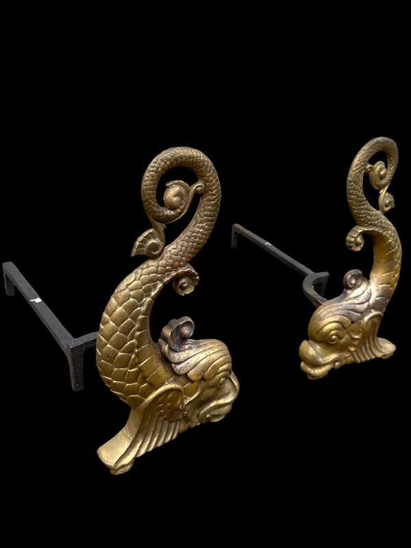 Restored Pair of Solid Brass Dolphin Fish Andirons GA20590
