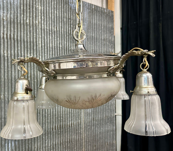 Restored Art Deco Chrome Plate 5-Light Pan Chandelier GA21012