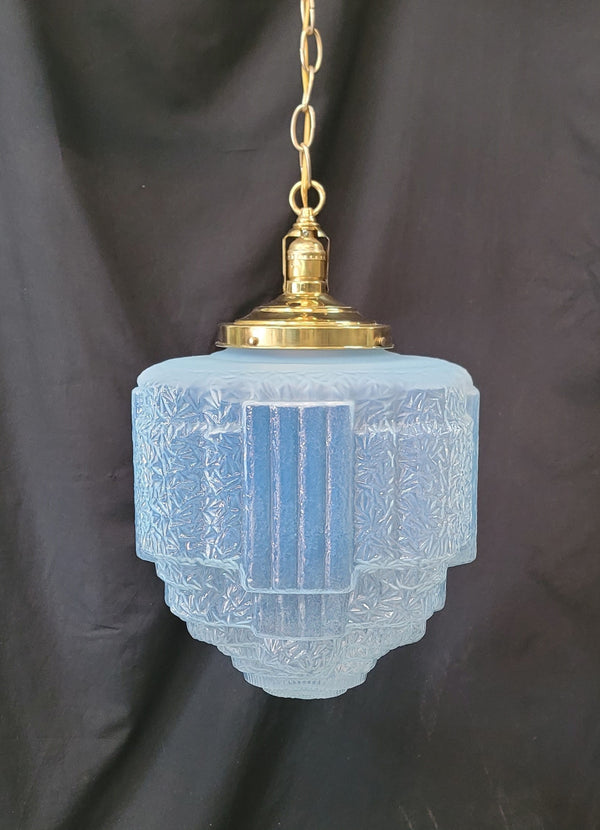 Restored Art Deco Pendant Light w/ Textured Tiered Opalescent Shade GS01023