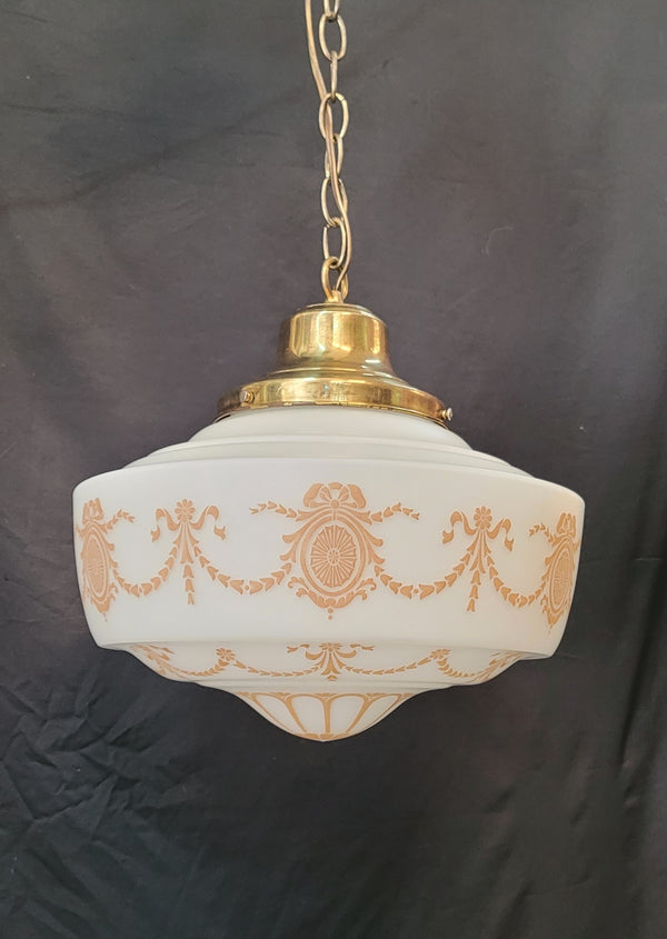 Vintage White Schoolhouse Pendant Light w/Brass Bell Shaped Fitter GS00645