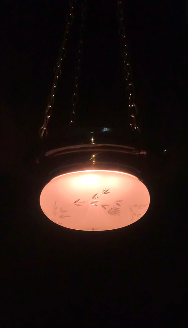 Restored Victorian Brass Pan Chandelier w/ Etched Glass Shade 16" x 45" GS00981