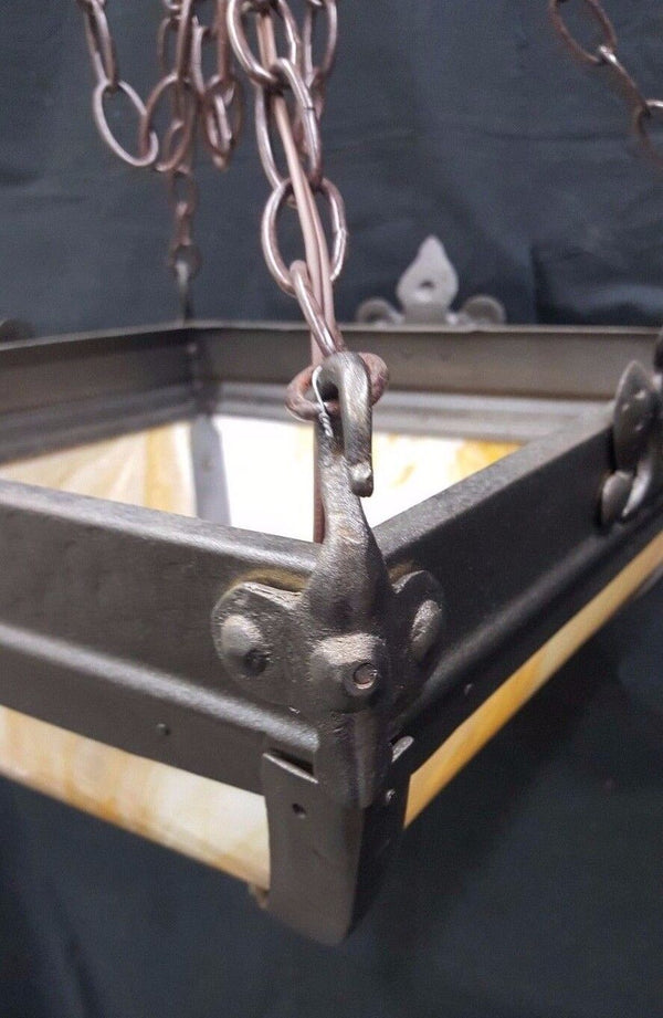 Large Square Wrought Iron and Stained Glass 4 Light Ceiling Fixture Chandelier