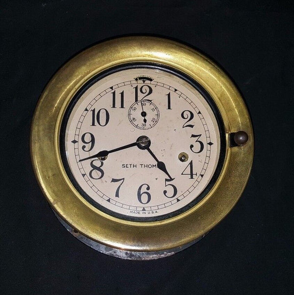 1930's Seth Thomas Maritime Ships Porthole Clock w/ Key 7 3/4" x 3 3/8" GS00723