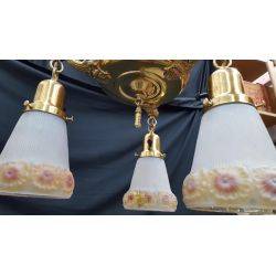 Restored 3 Light Victorian Brass Pan Chandelier w/ Textured Floral Shades GA7676